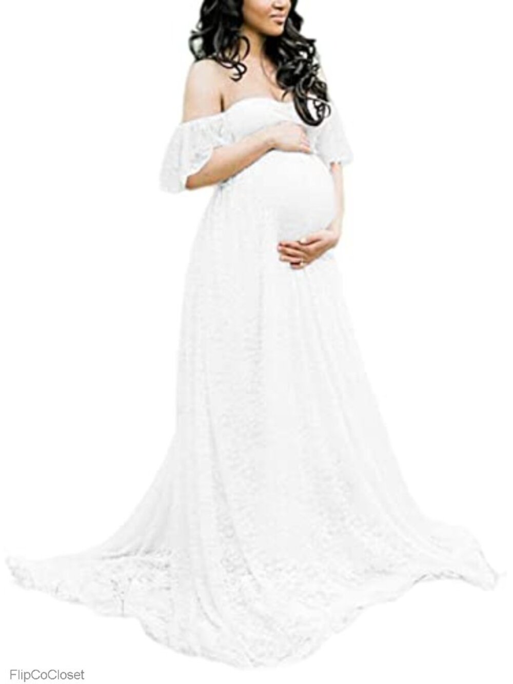 Off Shoulder Lace Maternity Photography Dress Flowy Ruffled Sleeves